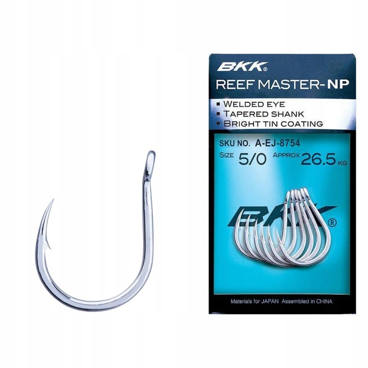 Carlige pescuit BKK Reefmaster NP, set 7 buc, 4/0, rezistent la coroziune, culoare metalica