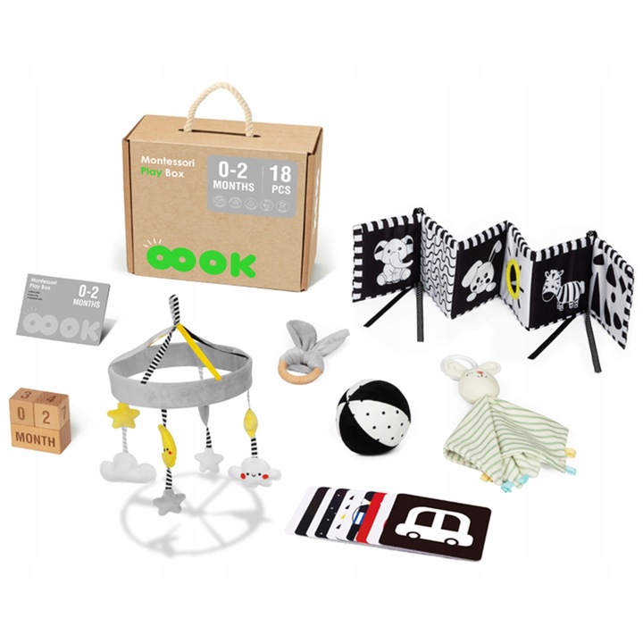 Cutie educationala XXL Montessori 7 in 1 cu jucarii senzoriale, pentru bebelusi 0-2 luni, multicolor