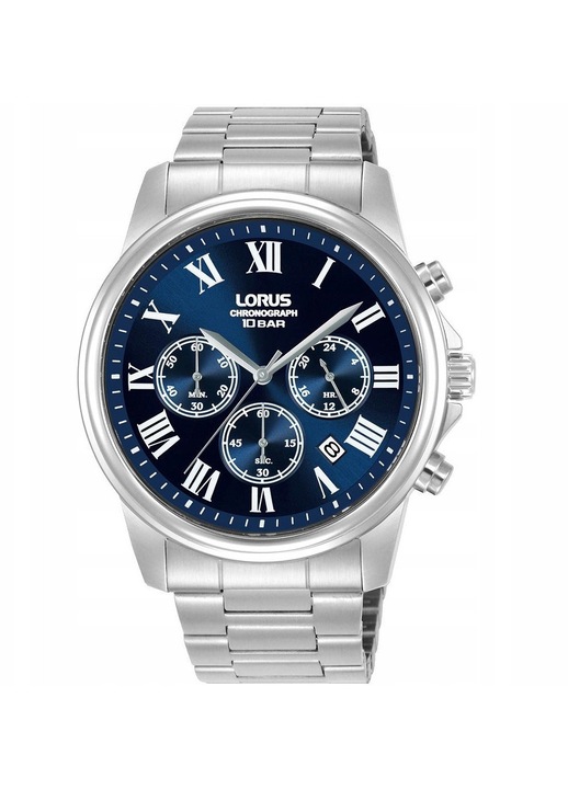 Lorus, ceas barbatesc din otel inoxidabil, cronograf, mecanism quartz, geam mineral, RT337LX9, argintiu/albastru, 42 mm