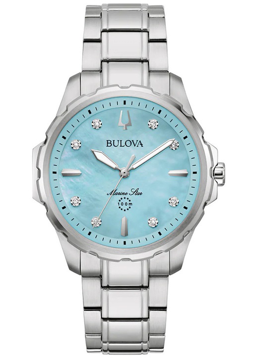 Bulova, Ceas de dama otel inoxidabil, mecanism quartz, sticla safir, cadran din sidef cu diamante, Marine Star 96P248, argintiu/albastru, 36 mm