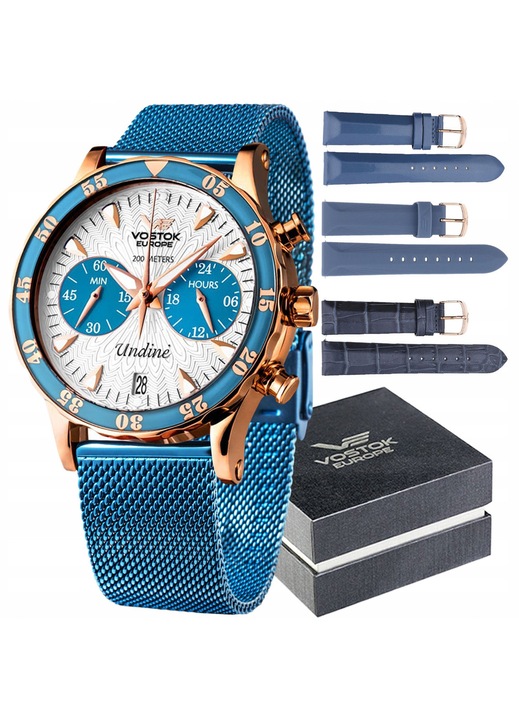 VOSTOK EUROPE, Ceas dama din otel inoxidabil placat PVD, bratara mesh din otel, mecanism quartz, cronograf, VK64-515B527BBL, Albastru/roz auriu, 39 mm