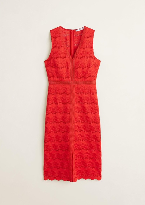 Rochie Mango, midi, rosie, 100% poliester, cu decolteu in V, cu fanta, XS INTL