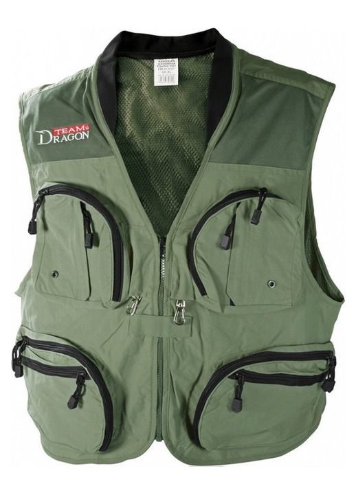 Dragon KA-22 horgászmellény, 10 zseb, szellőző, nylon, zöld