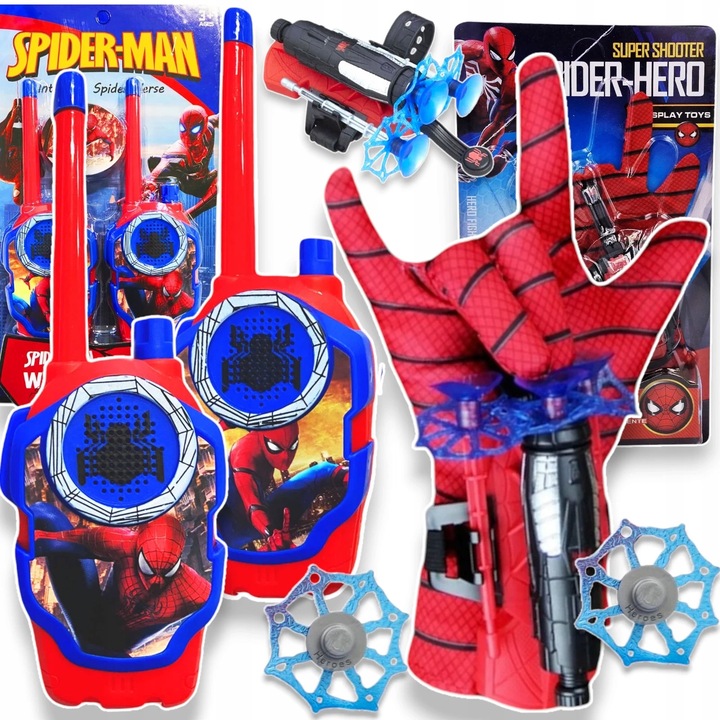 Set Spiderman 4in1, manusa cu lansator de plasa, 3 sageti, Walkie Talkie, 31,5x19x4,5cm