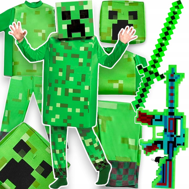 Костюм Creeper Minecraft за момчета, пълен комплект с маска, LED меч и пушка, зелен, размер M
