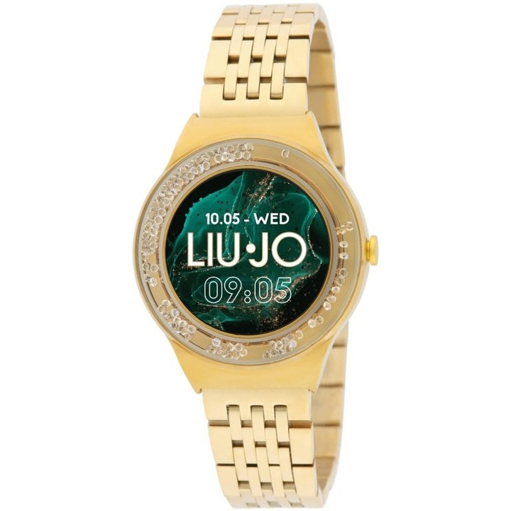 Liu Jo, Ceas smartwatch dama din otel inoxidabil placat auriu cu bratara metalica si cristale, SWLJ206, Auriu
