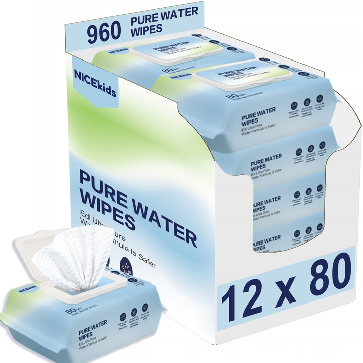 Servetele umede NICEKIDS Pure Water, 99,9% apa, set 960 bucati, hipoalergenice, fara alcool