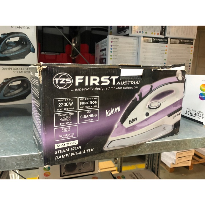 Fier de calcat cu abur, First Austria, model S5610-4-PU, 2200W, functie de auto-curatare, otel inoxidabil