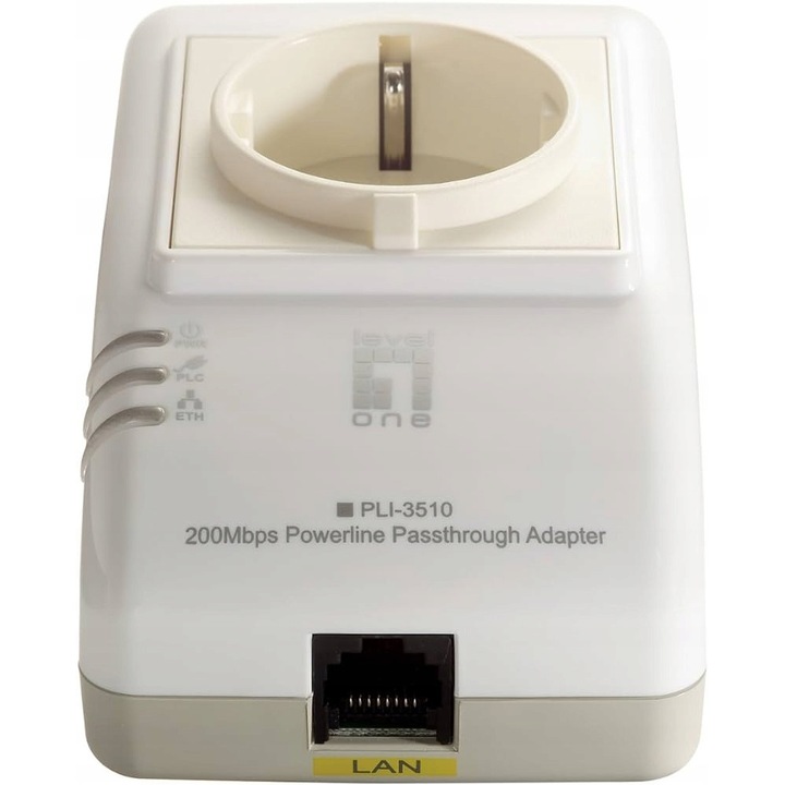 Adaptor Powerline LevelOne PLI-3510, 200Mbps, cu gniazdo suplimentar, 115x67x29.5mm