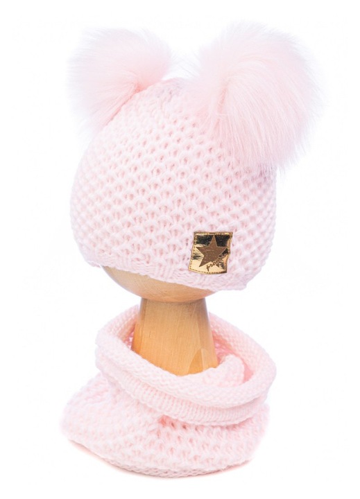 Set accesoriu imbracaminte copii, DOLLY, caciula cu pomponi, fular, roz, 48x50cm