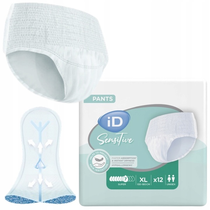 Chiloti absorbanti unisex iD Sensitive, 12 buc, marime XL, 130x180cm, 7 picaturi, confort sporit
