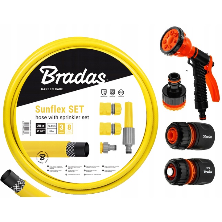 Bradas kerti tömlő szett 1/2" 50m, 4 tartozék, 3 rétegű, UV-álló