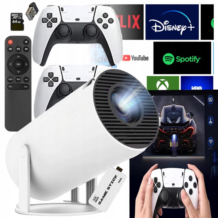 LED проектор с Android и ретро конзола Game Stick Pro, 2 пада, 4K Ultra HD, WiFi, USB