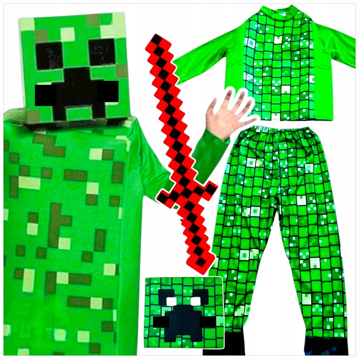 Костюм Creeper Minecraft за момчета, пълен комплект с блуза, панталони и маска, зелен, размер L (130-140 см)