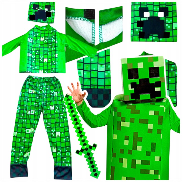 Костюм Creeper Minecraft за момчета, пълен комплект с блуза, панталони и маска, L (130-140 см)