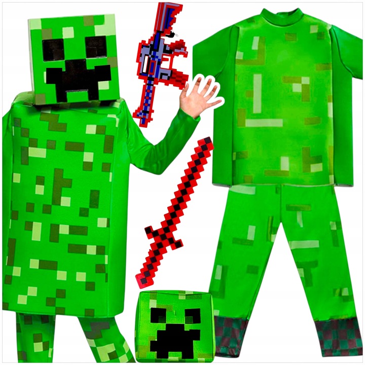 Костюм Creeper Minecraft за момчета, пълен комплект с блуза, панталони, маска, LED меч и карабина, зелен, размер M