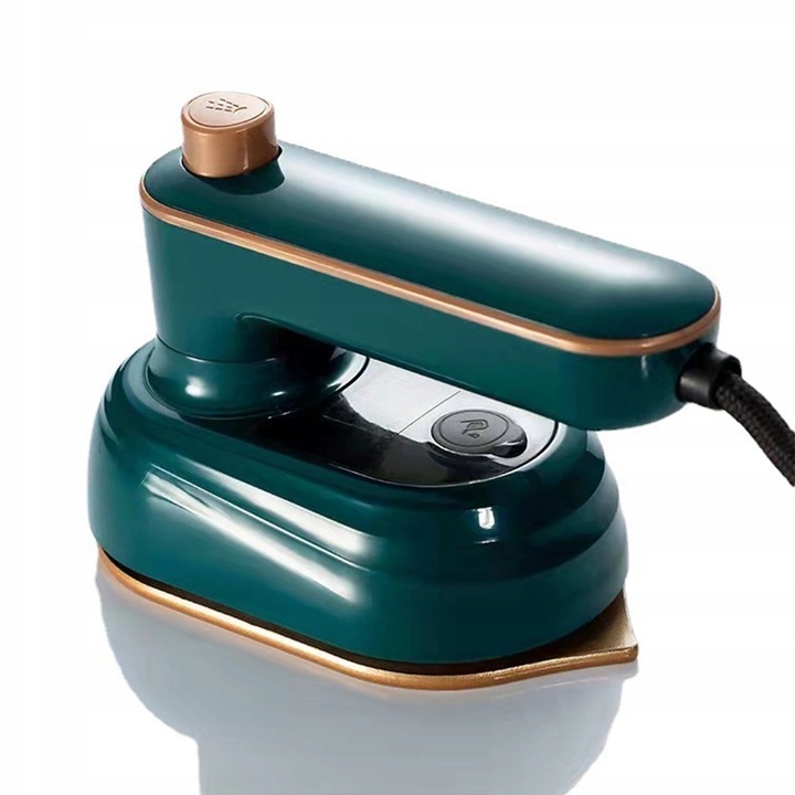 Mini fier de calcat, verde-auriu, 50W, dimensiuni 17x10x7cm, set cu suport si recipient pentru apa
