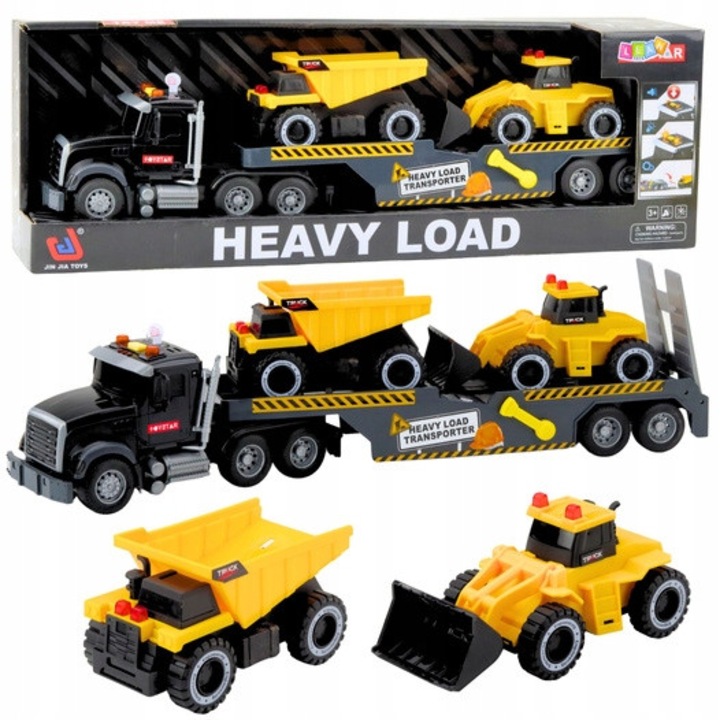Set Camion, Basculanta si Incarcatoare, LeanToys, Dimensiuni mari, Efecte luminoase si sonore, Negru, 53x14,5x10cm