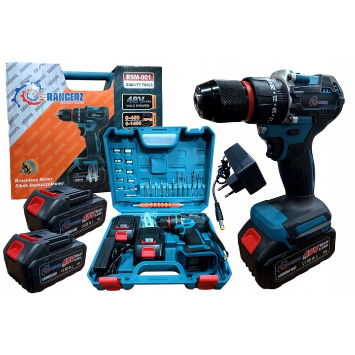 RANGERS RSM-001 akkumulátoros fúró/csavarozó, ütvefúró, kefe nélküli motor, 48V, 2 x 6Ah, 46 Nm nyomaték, 2 sebesség, türkiz/fekete, 2 akkumulátor
