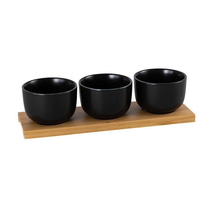 Set 3 boluri din portelan negru cu suport din bambus RONNIE, 8x8x5,6cm, 26x8cm