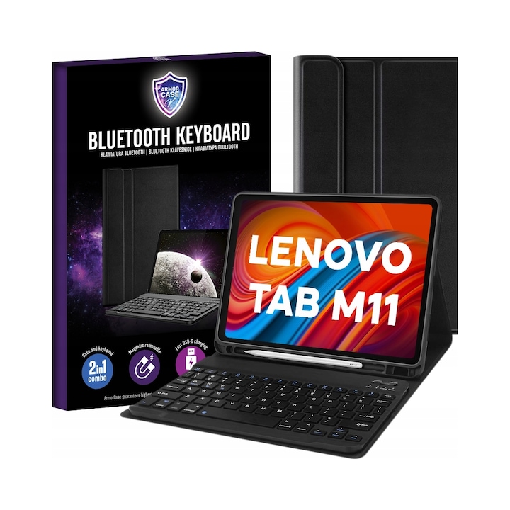 Bluetooth billentyűzetes tok Lenovo Tab M11 11" TB330FU TB330XU készülékhez, fekete, minőségi anyag, tolltartóval