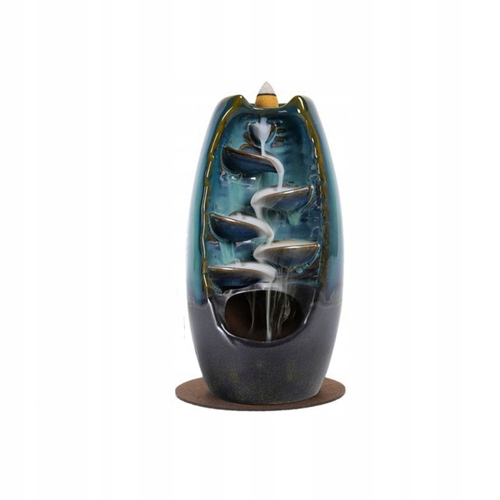 Arzator tamaie aromaterapie si decor, ceramica cu efect de apa, set cu 50 de conuri parfumate, 18cm, verde, albastru, negru