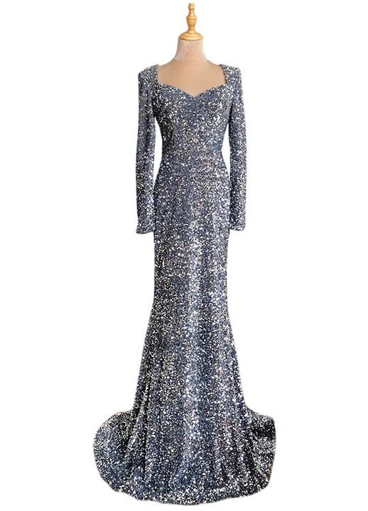 Rochie de seara lunga, cu paiete, poliester/elastan, argintiu, L INTL