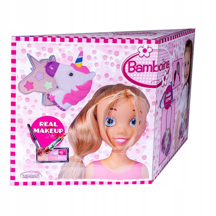 Bambolina baba szett, fodrászfej, kozmetikumok, unikornis hátizsák, 26cm