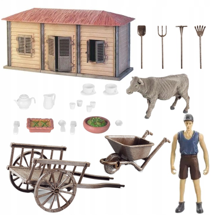 ProNice farm figura készlet, építhető ház, tehén, mezőgazdasági eszközök, szekér