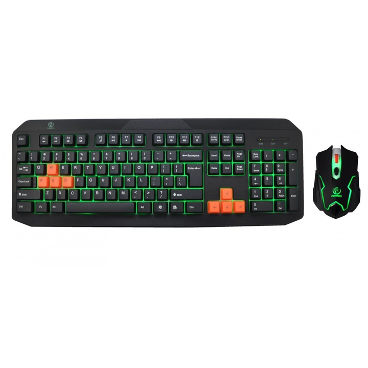 Rebeltec FIGHTER gamer billentyűzet és egér szett, zöld világítás, Pixart szenzor, 800-2400 DPI, textil kábel, 12 funkciógomb