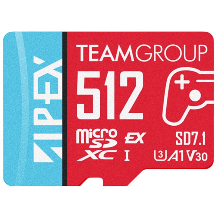 Card de memorie TeamGroup Micro SDXC 512 GB cu adaptor Full Size, A1, U3, viteza de citire de pana la 100 MB/s, pentru tableta, telefon mobil, camera foto, sistem audio auto, consola de jocuri, camera de bord si drona