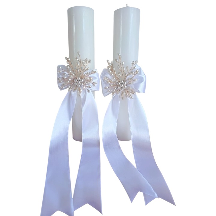 Set 2 lumanari nunta/botez, albe, 6x30 cm, Lumanarela, decorate manual cu perle si funda din satin alba