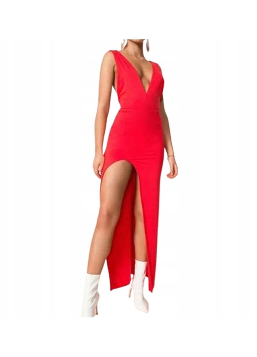 Rochie maxi, rosie, de seara, cu decolteu adanc si slit lung, matase/elastan, rosu, M INTL