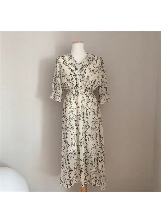 Rochie midi, imprimeu floral, maneci bufante, poliester, vaporoasa, crem, S-M INTL