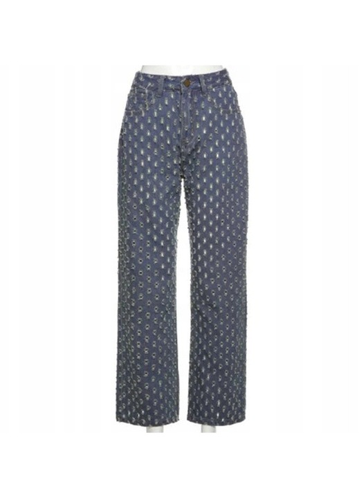 Blugi dama, drepti, cu rupturi, bleumarin, denim, bumbac/poliester, S INTL