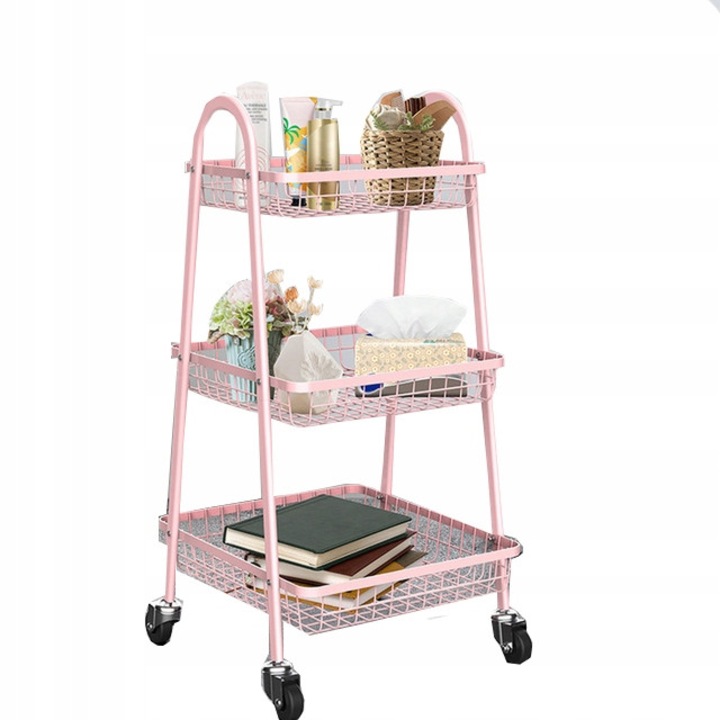 Carucior metalic 3 niveluri roz, 38x40x78cm, cu roti
