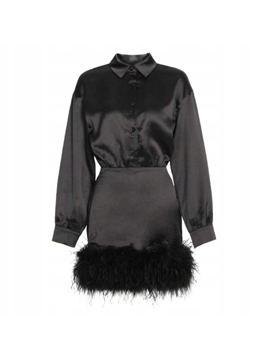 Rochie mini, neagra, satin, maneca lunga, cu pene, S INTL