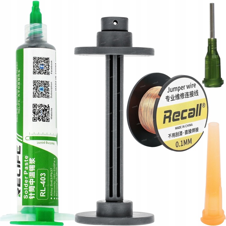 Set Accesorii Sudura Reball: Pasta de lipit RL-403 35g, Drut Cupru 0,1mm 50m, 2x Igla 14G si 15G