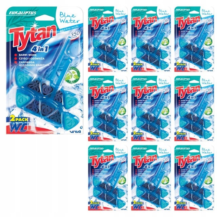 Set 10 x Kostka toaleta 4 in 1 Tytan Blue Water eucalipt 2x40g, curata, previne depunerea calcarului, colorare apa albastra