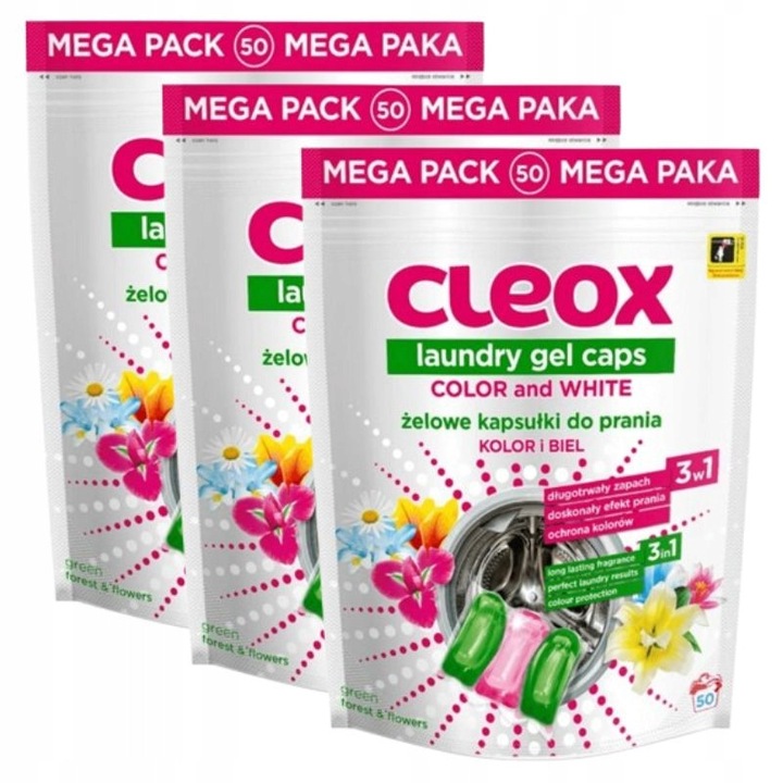 3 x Cleox 3-komponensű mosószer kapszula szett, 50 kapszula, fehér és színes ruhákhoz, friss zöld illat