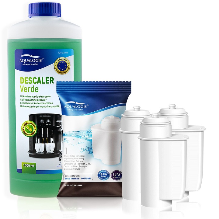 Set 3x Filtru Aqualogis AL-Inte+ pentru Expresor + Odkamieniacz Aqualogis Verde 1L