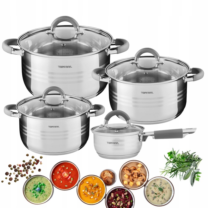 Set oale din inox Topfann, 8 piese, 14-22cm, argintiu, compatibile cu inductie si gaz