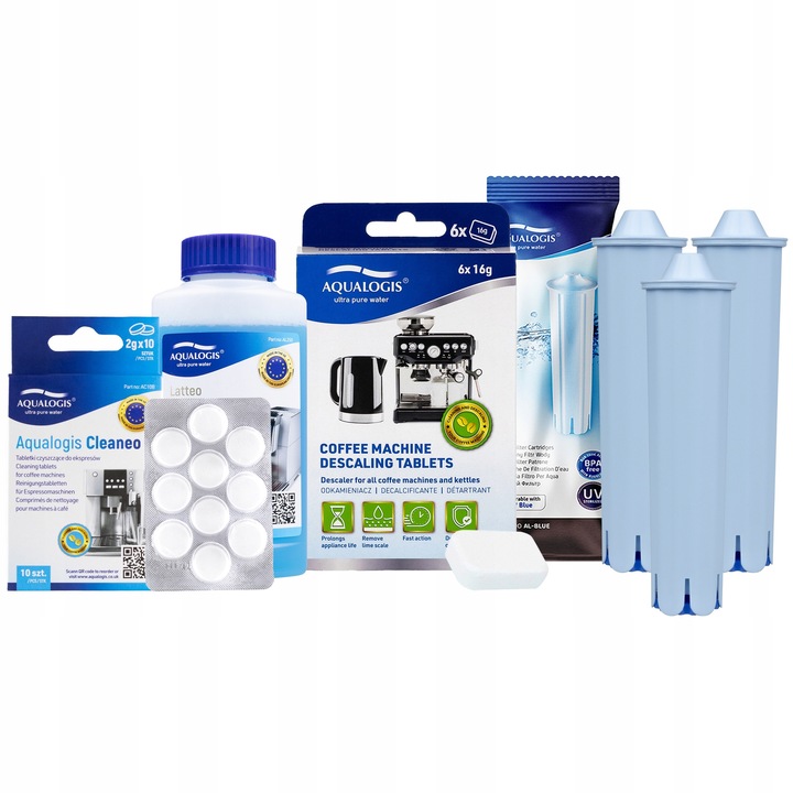 Aqualogis kávéfőző tartozékkészlet: 3x AL-Blue szűrő, vízkőoldó, Pliyn 250ml, 10x tabletta