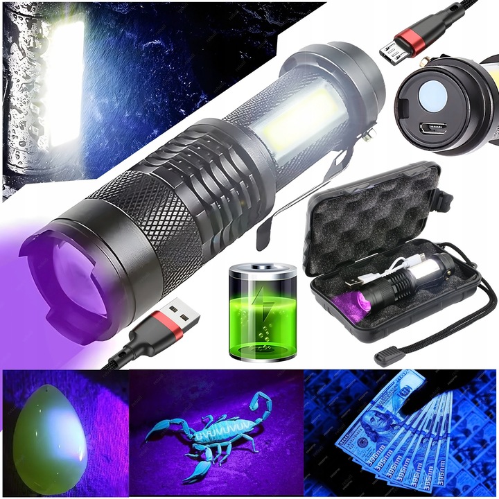 Lanterna LED UV 5W 395nm cu acumulator incorporat si COB, set cu etui