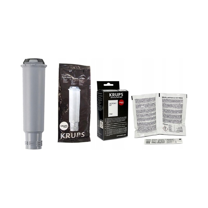 Set intretinere pentru espressoare Aqualogis Krups F088/F054, filtru apa insurubat F088 50 l, detartrant F054 80 g (2 x 40 g), tester duritate apa, gri, 1 set