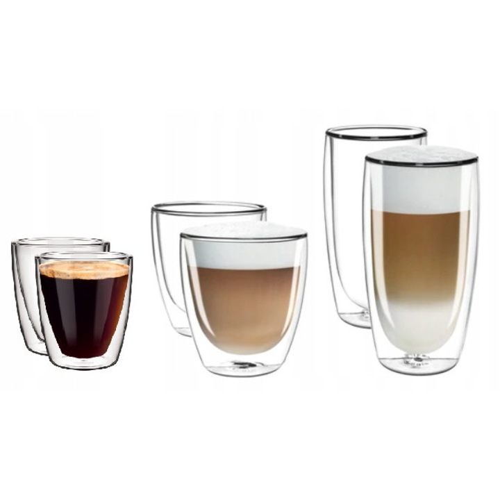 Set 6 Cani Termice Aqualogis pentru Espresso, Cappuccino, Latte, 80ml, 200ml, 350ml, Transparent