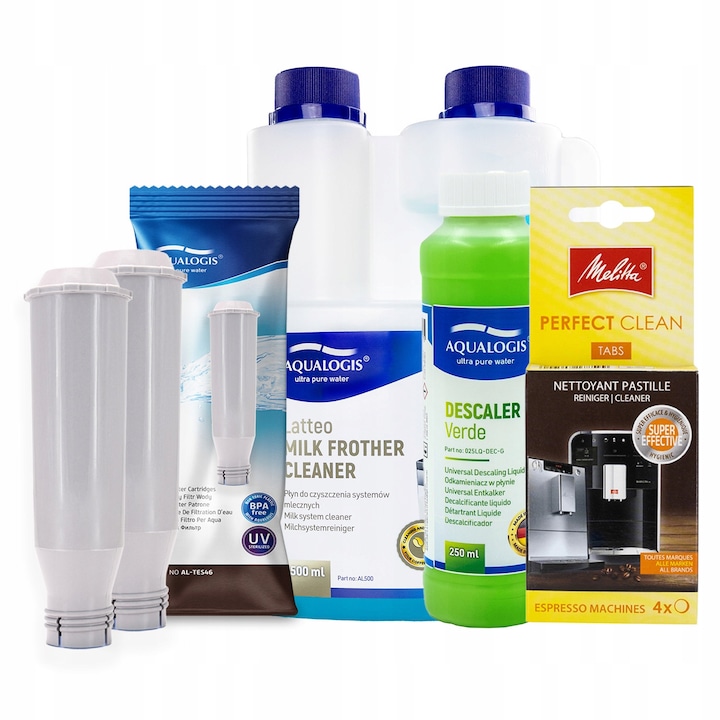 2x Aqualogis AL-TES46 szűrő szett, Latteo folyékony tisztítószer 500ml, Zöld vízkőoldó 250ml, Melitta Perfect Clean tisztító tabletták, 20x15x10cm