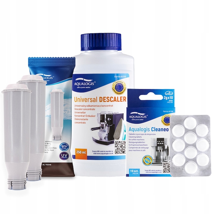 Set Accesorii Cafea Aqualogis: 2x Filtru AL-TES46, Odkamieniacz 250ml, 10 Tablete Cleaneo