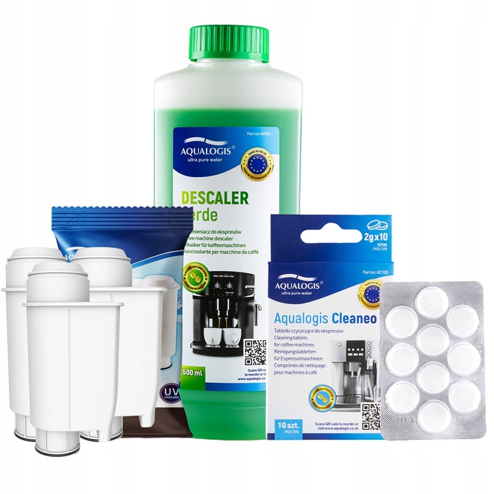 Aqualogis Eszpresszógép Tartozék Szett: 3x AL-Inte+ Szűrő, 500ml Zöld Vízkőoldó, 10 Cleaneo Tabletta