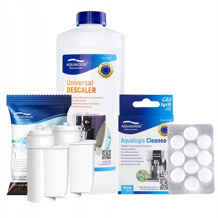 2x AL-Inte vízszűrő szett eszpresszógéphez + Univerzális vízkőoldó 1000ml + Cleaneo tisztító tabletták